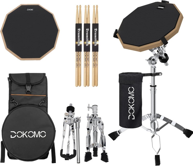 Dokomo Drum Practice Pad with Snare Drum Stand Set, 12-Inch Double Sided Silent Practice Pad Kit with Drum Sticks, Drumstick Holder, Luminous Carrying Bag, Grey (Fits 8''-15'' Drums), Black - Image 1